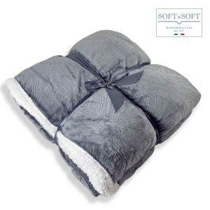 TRESOR coperta plaid matrimoniale pile doppiato con sherpa cm 240x210-Grigio