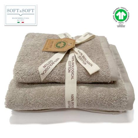 COTONE BIOLOGICO set asciugamani 1+1 alta qualità gr. 500 - BioSoffy-Tortora