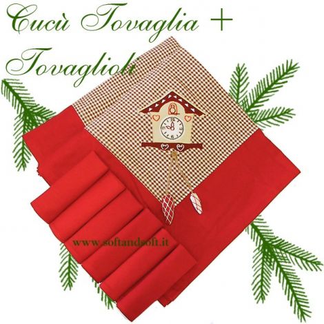 Tovaglia natalizia a piccolissimi quadretti bordata in rosso con appilcazione cucù