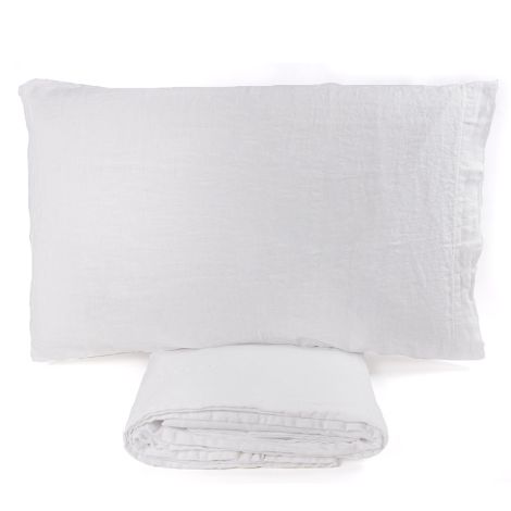MANILA Completo Lenzuola Matrimoniale Cotone e Lino Stone Washed – Effetto Naturale, No-Stiro-Bianco