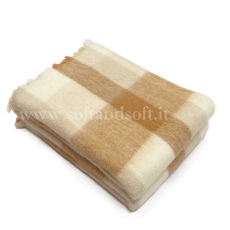 MOHAIR Coperta Lana/ Plaid per Letto Matrimoniale Scozzese-Panna