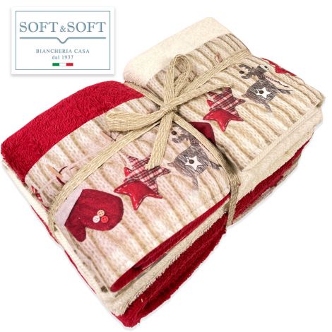 Reindeer Towel Set 2 + 2 in Pure Cotton for Christmas