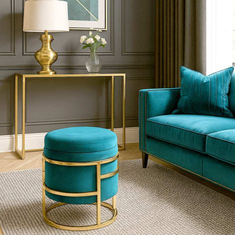 SPONGY pouf cilindrico in velluto e metallo oro cm 42x42-petrolio