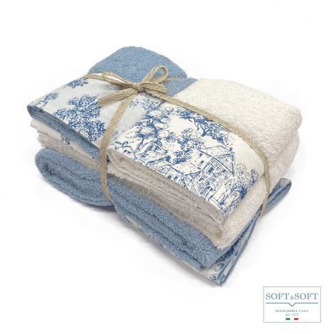 TOILE DE JOUY pure cotton 4-piece towel set with flounce-Blue