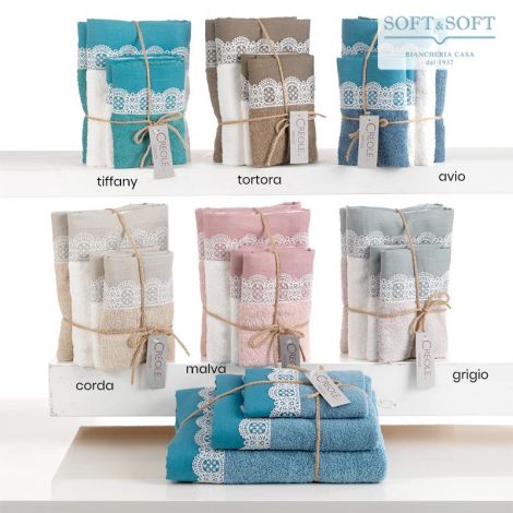 VIRNA Bath Towel 1+1 Set in Pure Cotton with Lace Flounce CREOLE