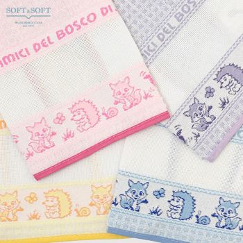 Bib and towel set for kindergarten children with aida cloth for embroidery Amici del Bosco