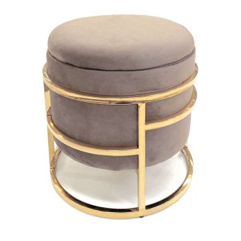 Pouf cilindirco in velluto tortora e metallo dorato tipo ottone 